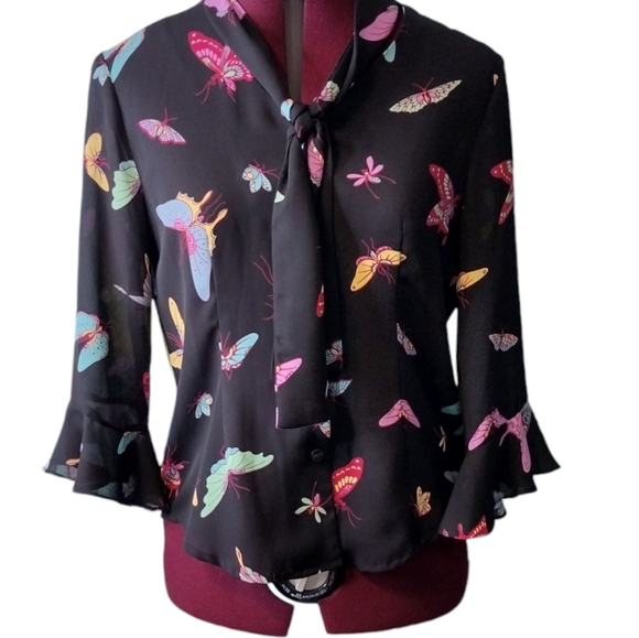 NWOT sheer butterfly blouse button up front closure size PM women's 3/4 sleeve - Picture 4 of 8